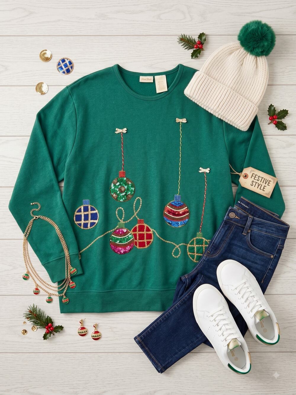 Vintage Bobbie Brooks Ugly Christmas Sweater Sweatshirt Green Beaded Sequin XL